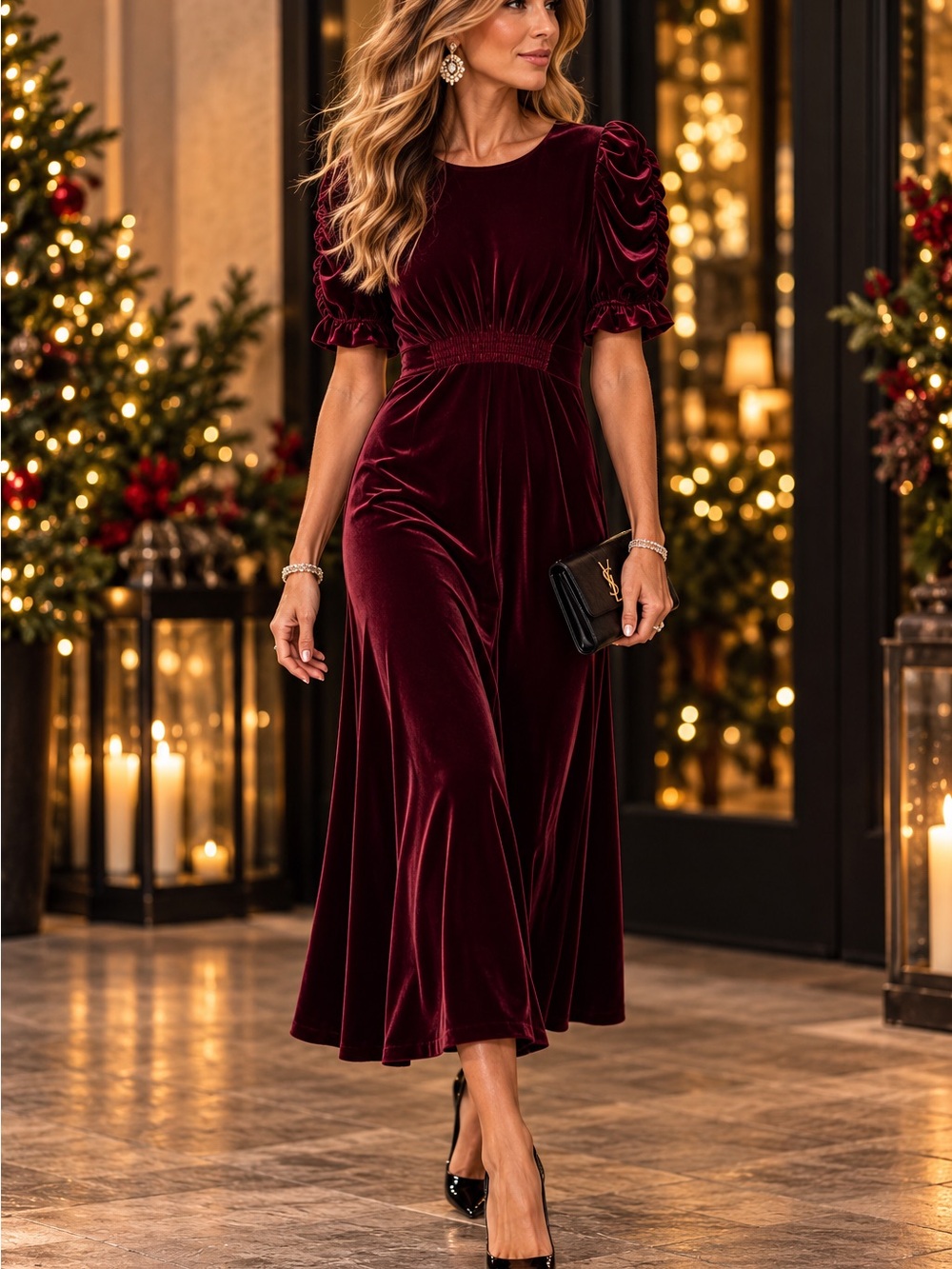 Vince Camuto Burgundy Velvet Jumpsuit with Ruched Puff Sleeves